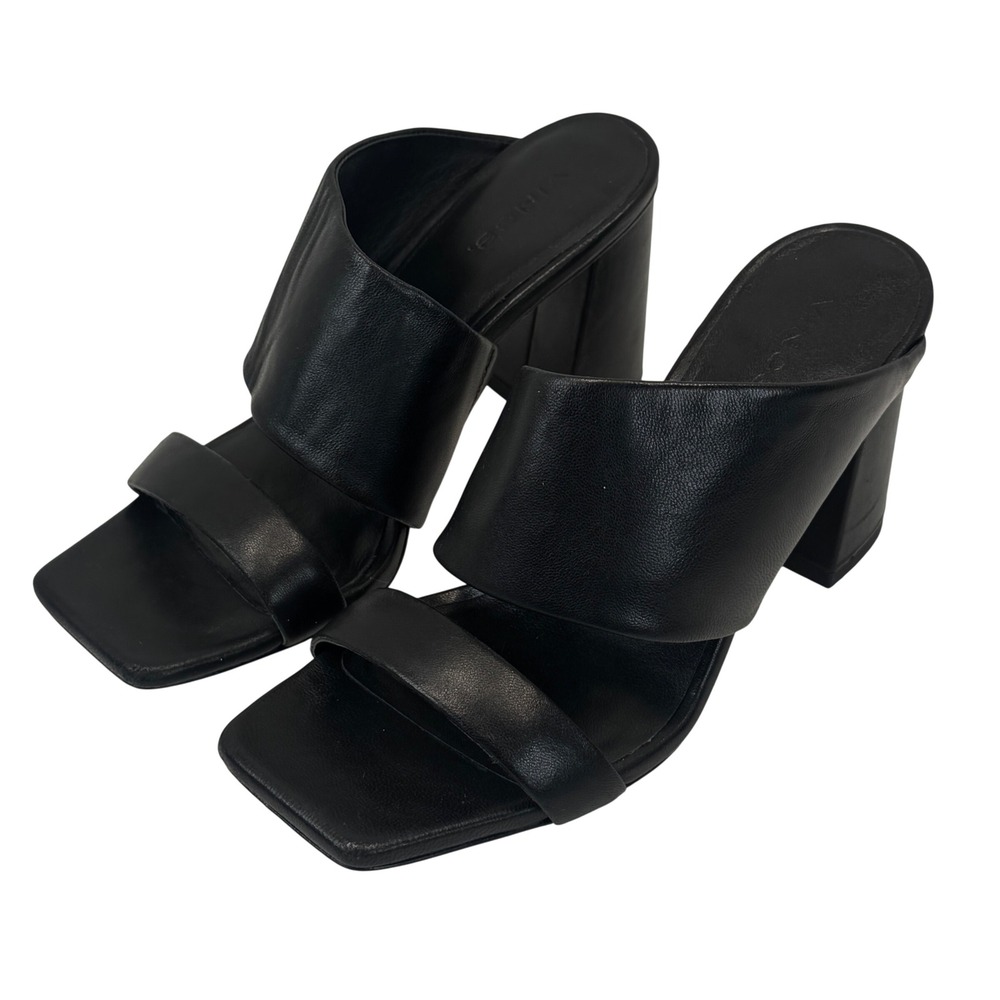 Vince Black Leather Block Heel Mule Sandals Square Toe Slide Sz 5.5M Minimalist